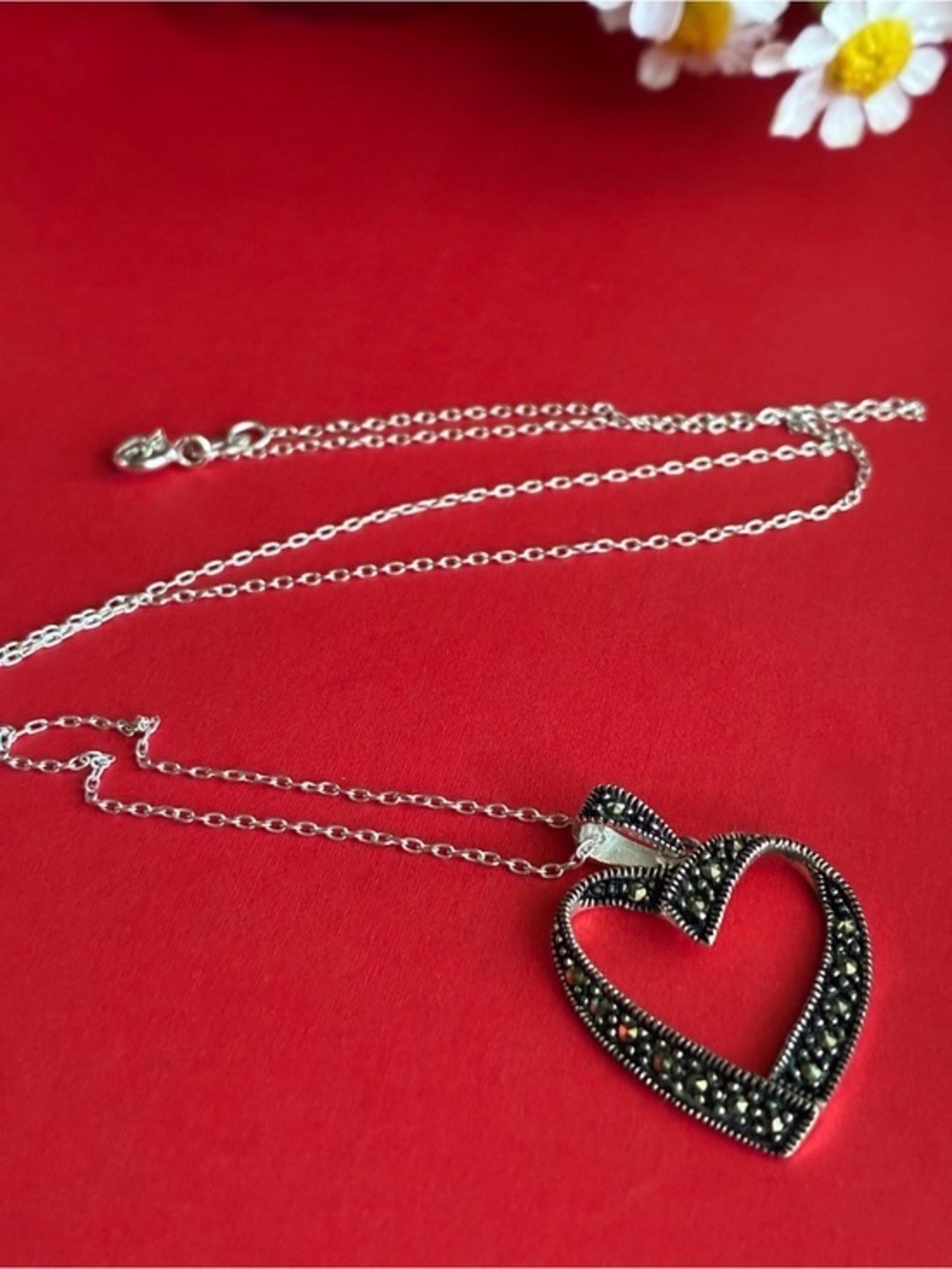 925 Silver Marcasite Heart Pendant Necklace - Elegant Women's Jewelry 18”
